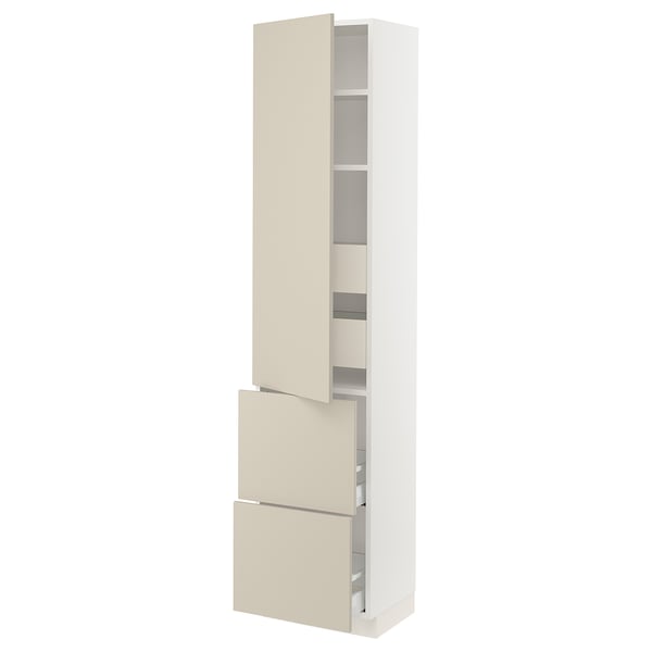 An ikea SEKTION tall kitchen cabinet with beige havstorp fronts, white frame, and adjustable shelves. The cabinet has a sleek, minimalist look.