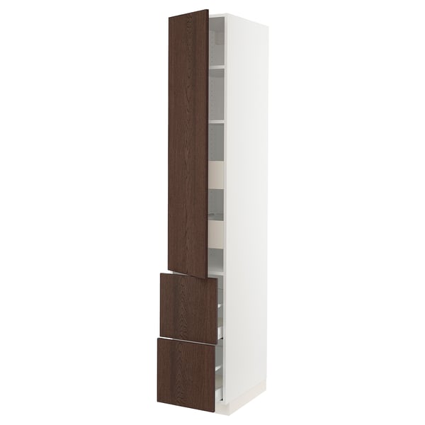Wooden ikea SEKTION kitchen cabinet, dark brown, tall with drawers and shelves.