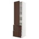 Modern kitchen cabinet in dark brown and white, tall with shelves and drawers, sleek and stylish.