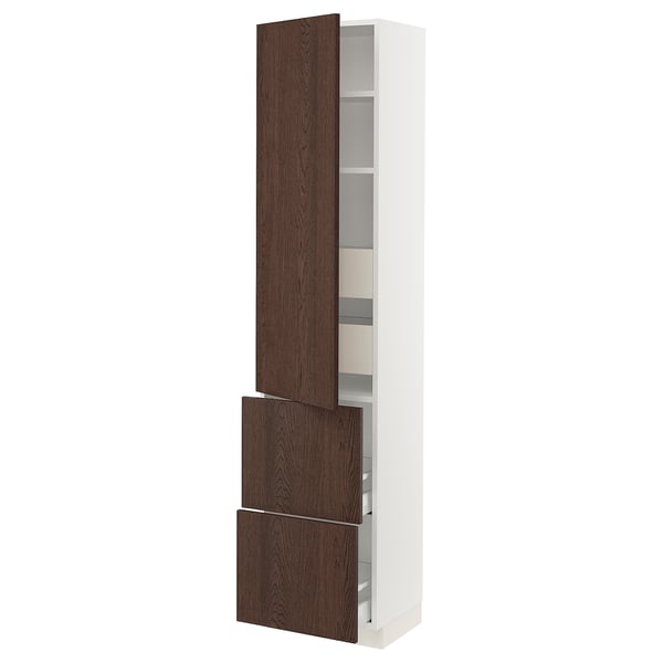 Dark brown SEKTION cabinet with oak veneer & solid wood edges, adjustable shelves & drawers.