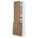 Modern white SEKTION kitchen cabinet with walnut vinyl doors, tall, two drawers, one shelf.