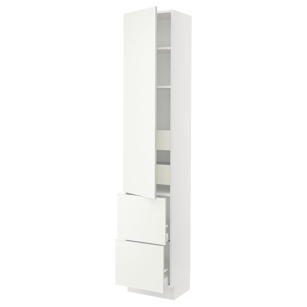 SEKTION white tall cabinet, sleek design, three shelves, two drawers, modern kitchen storage.
