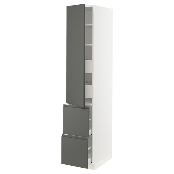 Modern white and dark grey kitchen cabinet with adjustable shelves and drawers.