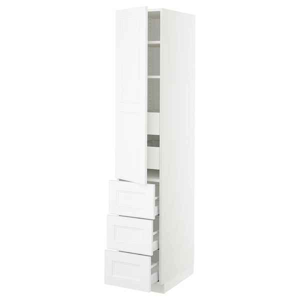 A white SEKTION kitchen cabinet with four pull-out drawers and a door, featuring an adjustable shelf inside.