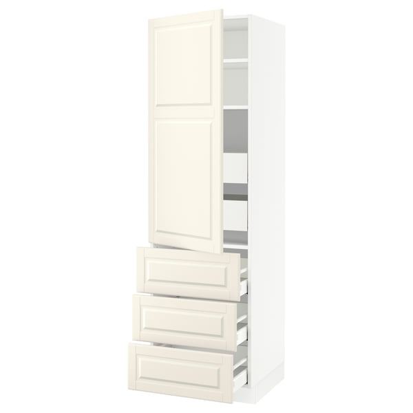 Off-white SEKTION kitchen cabinet with bevelled edges. Tall, rectangular, with three drawers and two storage shelves.