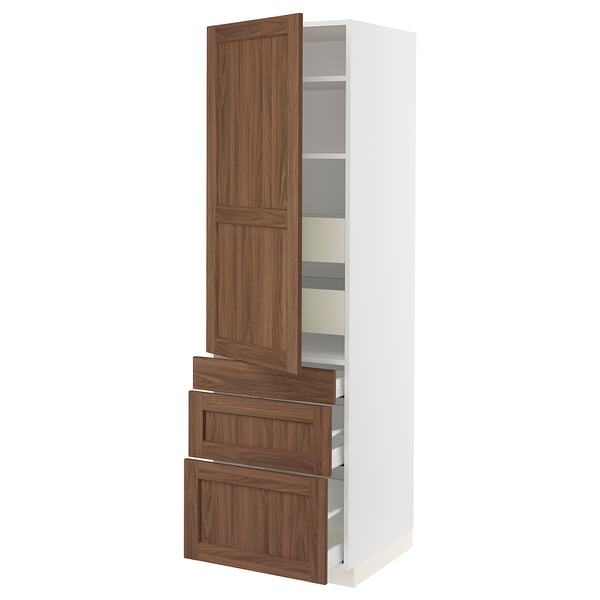 SEKTION kitchen cabinet with walnut foil, white, wood grain, tall with drawers, white.