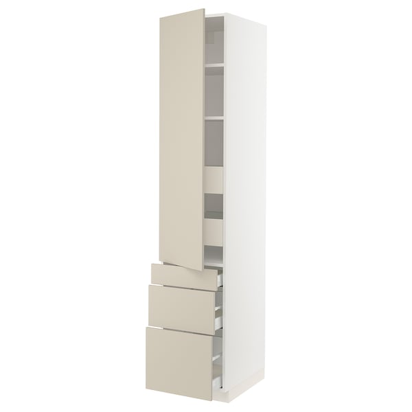 Modern white SEKTION kitchen cabinet with beige doors, smooth drawers & shelves.