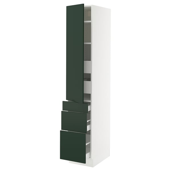 A tall white storage cabinet with green doors and drawers, featuring a sleek design and adjustable shelves.