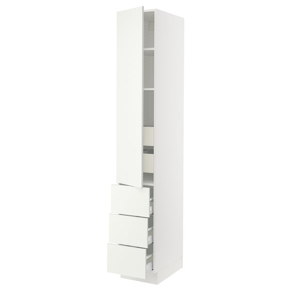 SEKTION white kitchen cabinet, tall with 3 drawers and shelves, modern design, white finish, steel and wood materials.