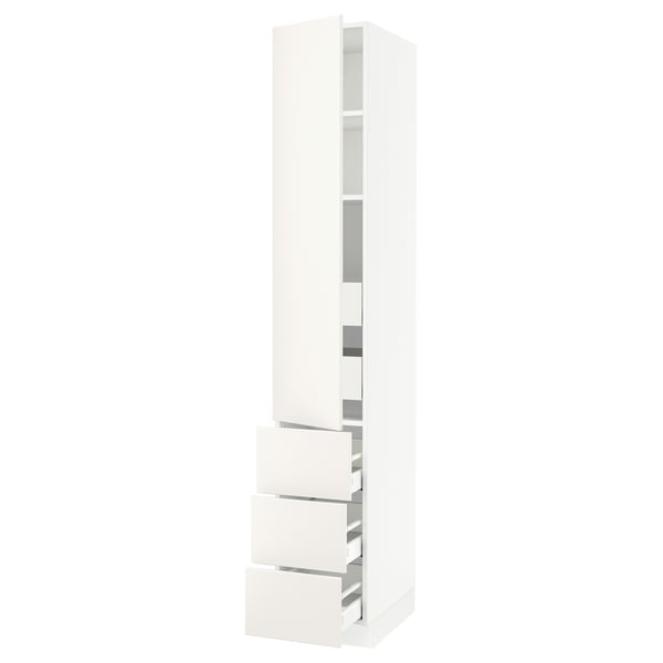 SEKTION white kitchen cabinet, modern design, glossy finish, tall and rectangular with drawers.