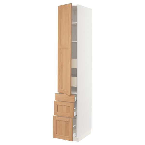 SEKTION tall white cabinet with oak doors and drawers.