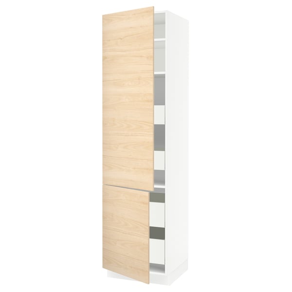 A tall white cabinet with light wood doors and adjustable shelves.