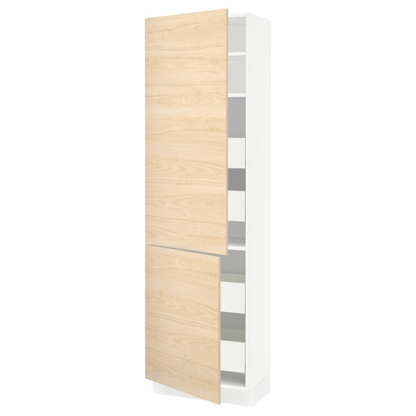 Wooden and white tall cabinet storage unit with adjustable shelves.