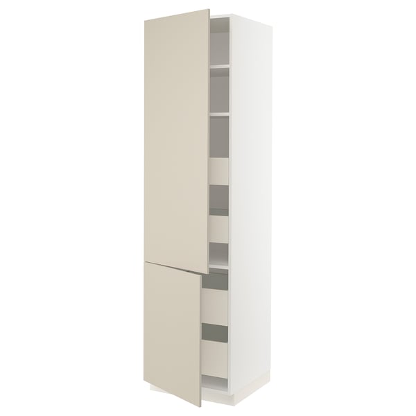 SEKTION tall kitchen cabinet with beige havstorp fronts, featuring a clean, smooth, harmonious design with adjustable shelves and soft-closing doors.