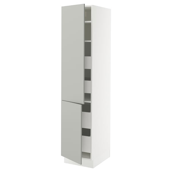 SEKTION white kitchen cabinet with grey drawers, modern minimalist design.