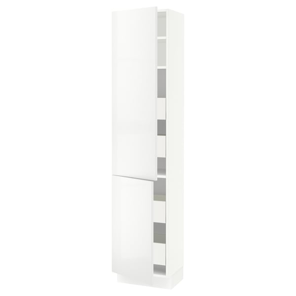 White high-gloss kitchen cabinet with adjustable shelves, sleek modern design.