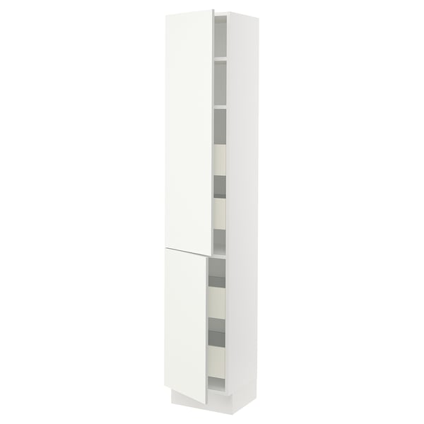 SEKTION kitchen cabinet in white, tall and slim with adjustable shelves, smooth hinges, modern design.