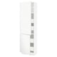 White, tall, modern storage cabinet with two sections and multiple shelves. Minimalist design, matte finish.