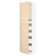 White tall cabinet with light wood doors and adjustable shelves.