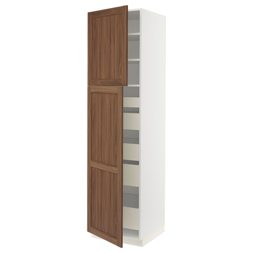 An open SEKTION kitchen cabinet with walnut-colored doors featuring sturdy wooden grain and adjustable shelves inside.
