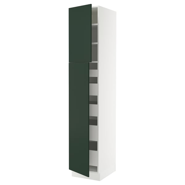 White cabinet with green doors, adjustable shelves.