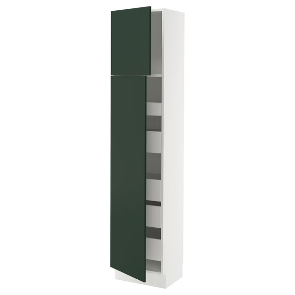 Modern white cabinet with tall green doors and multiple shelves.