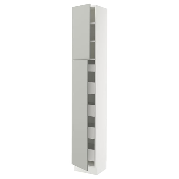 A tall white SEKTION kitchen cabinet with a sleek, modern design and grey interior shelves. It has two doors and integrates smoothly-running drawers.