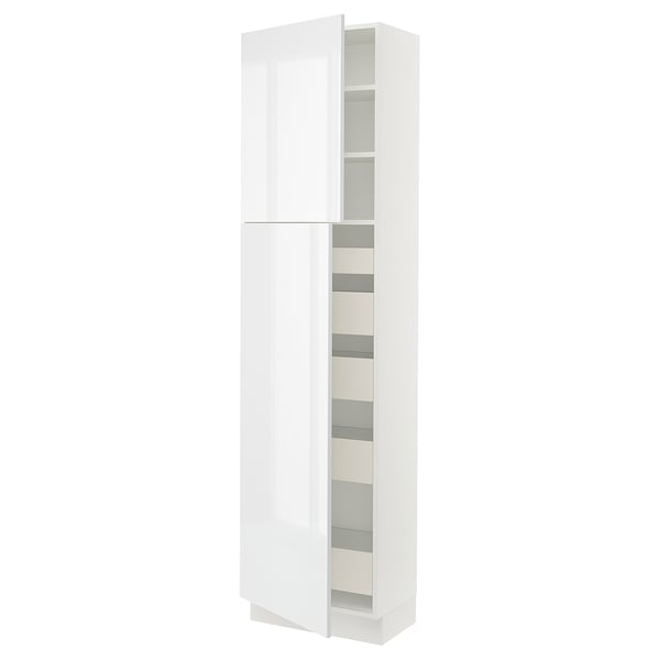 SEKTION kitchen cabinet, white, glossy finish, tall, rectangular, with multiple shelves and drawers.
