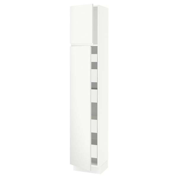 A tall white SEKTION kitchen cabinet with integrated handles and internal shelves. It stands upright with a minimalist design.