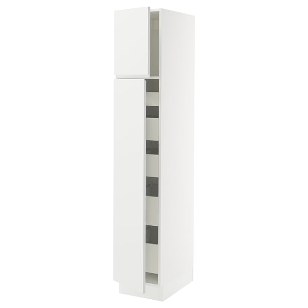 A white SEKTION kitchen cabinet with modern design, featuring adjustable shelves and integrated handles.