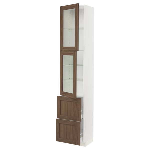 SEKTION kitchen unit: white and walnut, glass doors, tall, rectangular, modern design.