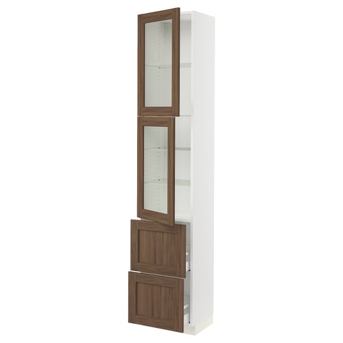 SEKTION kitchen unit: white and walnut, glass doors, tall, rectangular, modern design.