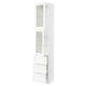 A white SEKTION kitchen cabinet with glass doors and drawers. It has a sleek, modern design with a sturdy frame and adjustable shelves.