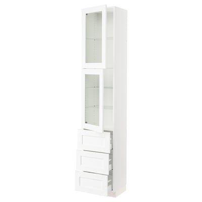 A white SEKTION kitchen cabinet with glass doors and drawers. It has a sleek, modern design with a sturdy frame and adjustable shelves.