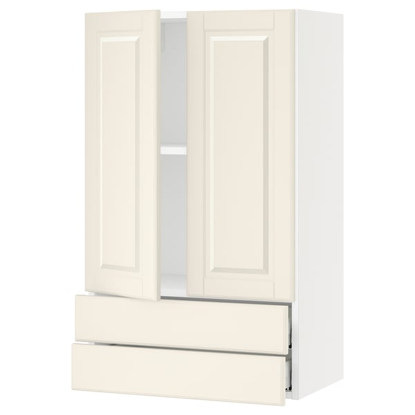 An off-white SEKTION kitchen cabinet with two doors and two drawers, featuring bevelled edges and a traditional design.