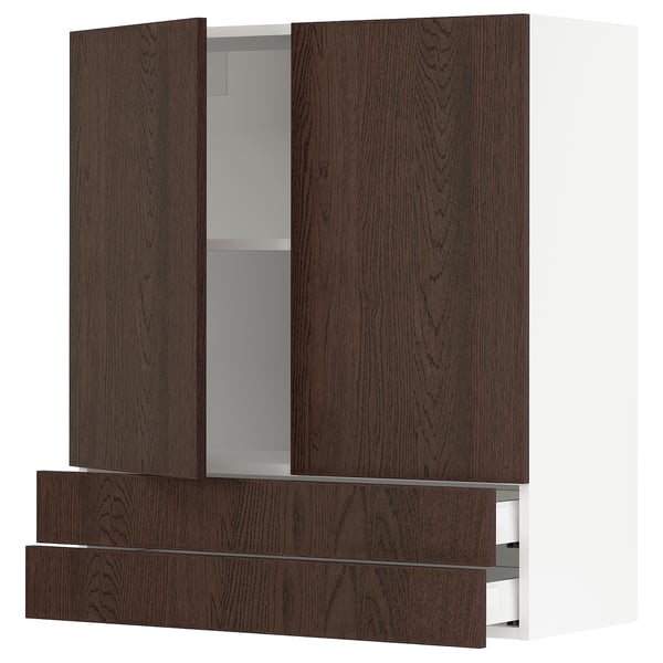 Image depicts a dark brown SEKTION wall cabinet with two open doors, revealing storage shelves.