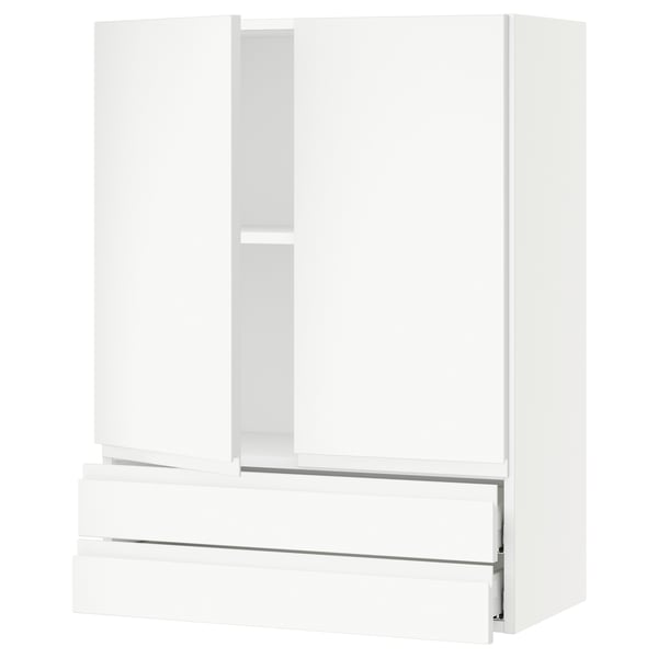 White modern kitchen cabinet with minimalist design, featuring sleek drawers and adjustable shelves.