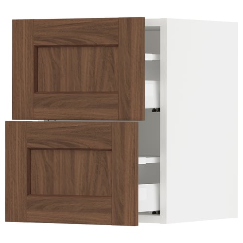 SEKTION kitchen unit - walnut finish, wood grain texture, white interior, two shelves.