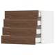 A modern kitchen cabinet with four wooden drawers. It walnut finish drawers with sleek handles.