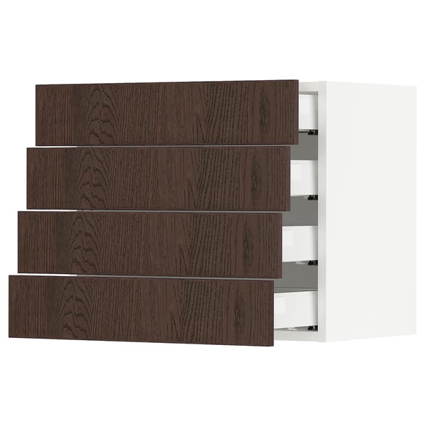 SEKTION kitchen with dark brown wood drawers and white cabinet.