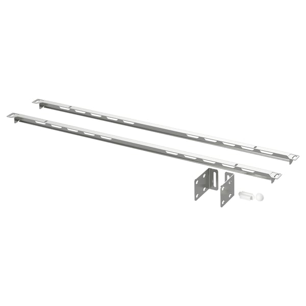 Two metallic silver SEKTION support brackets, steel-made, designed for under-countertop installation, featuring slotted holes for secure attachment.