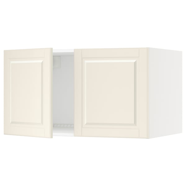 Off-white kitchen cabinet with rectangular doors and bevelled edges.