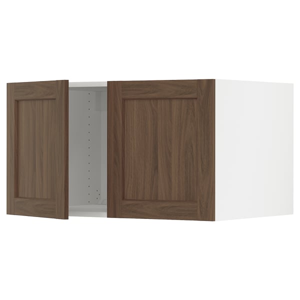 SEKTION kitchen unit with walnut shelves, brown wooden doors, adjustable shelves.