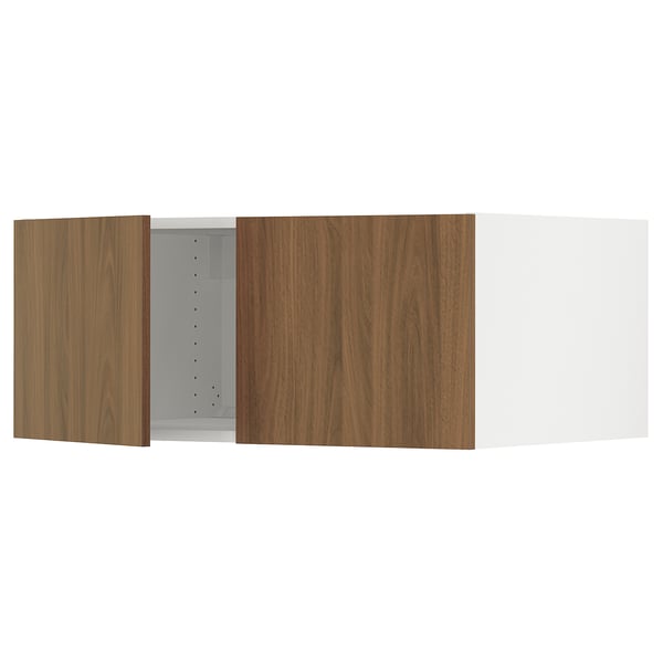 Wooden kitchen cabinet, walnut-colored, rectangular doors. Adjustable shelves, snap-on hinges.