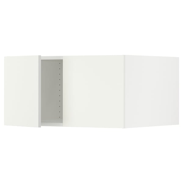 White kitchen cabinet set, modern design from IKEA, featuring three sections with adjustable shelves and a built-in door damper.