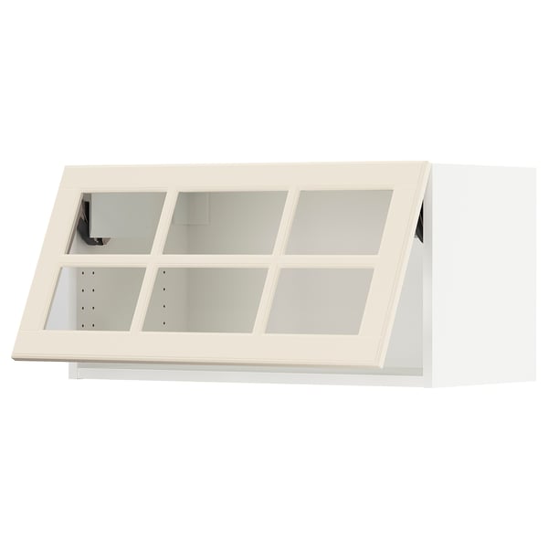 SEKTION kitchen cabinet with glass doors, off-white, sturdy frame, two open compartments, traditional design.