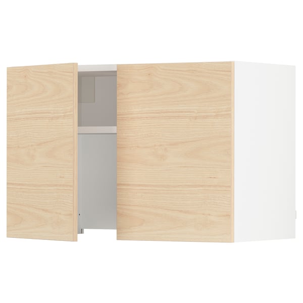 Wooden kitchen cabinet with light ash finish, featuring two openable doors and a shelf inside.