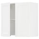 White SEKTION kitchen cabinet with wooden grain texture, sleek design, open door revealing interior shelves.