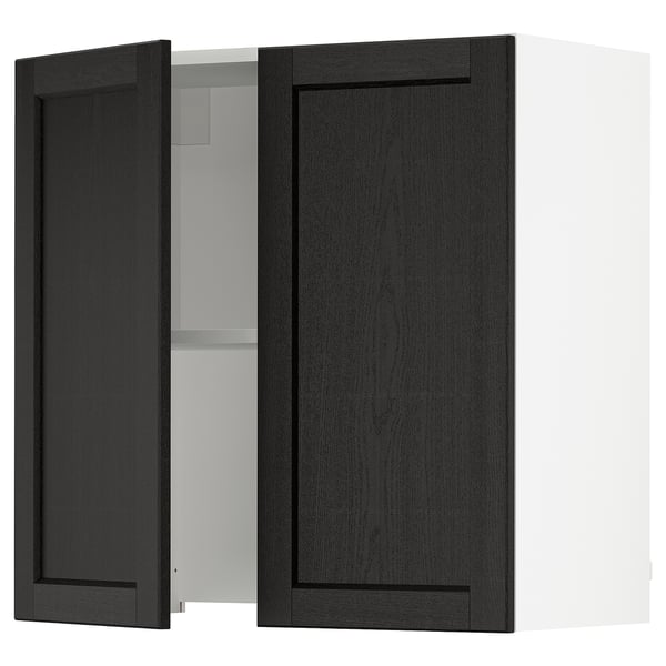 Black ikea SEKTION kitchen cabinet with one door open, revealing an adjustable shelf inside.
