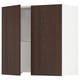 Wooden kitchen cabinet with dark brown doors and white interior, showcasing shelves and a hinge.